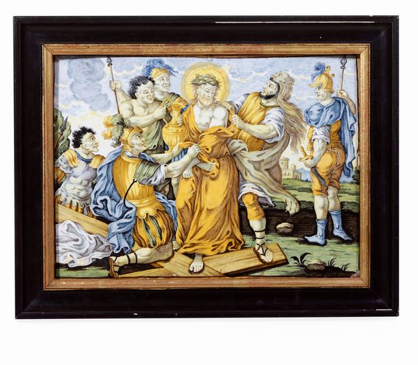 Targa della decima stazione della Via Crucis<BR>Castelli, Berardino Gentili il Giovane (o il fratello Giacomo)<BR>1750 circa<BR>  - Asta Maioliche e Porcellane - Associazione Nazionale - Case d'Asta italiane