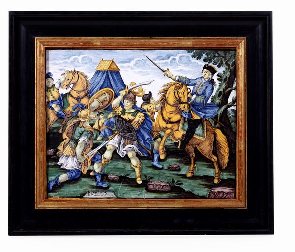 Targa con duello di spade<BR>Castelli, bottega Gentili, met del XVIII secolo<BR>  - Asta Maioliche e Porcellane - Associazione Nazionale - Case d'Asta italiane