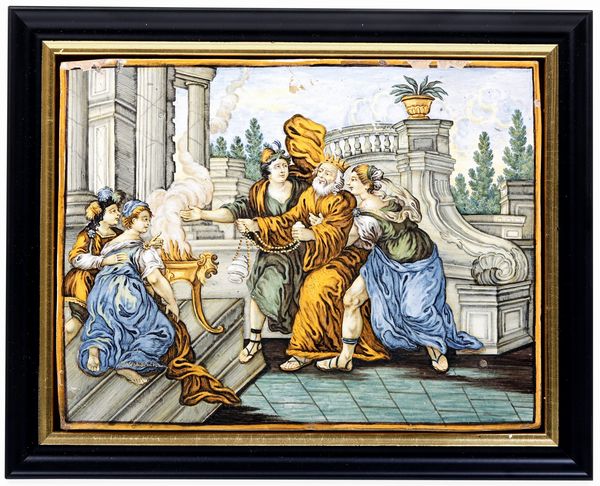Targa con la cerimonia del re<BR>Castelli, Berardino Gentili il giovane, met del XVIII secolo  - Asta Maioliche e Porcellane - Associazione Nazionale - Case d'Asta italiane