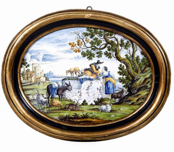 Targa con coppia di pastori<BR>Castelli, probabilmente Carmine Gentili, XVIII secolo  - Asta Maioliche e Porcellane - Associazione Nazionale - Case d'Asta italiane