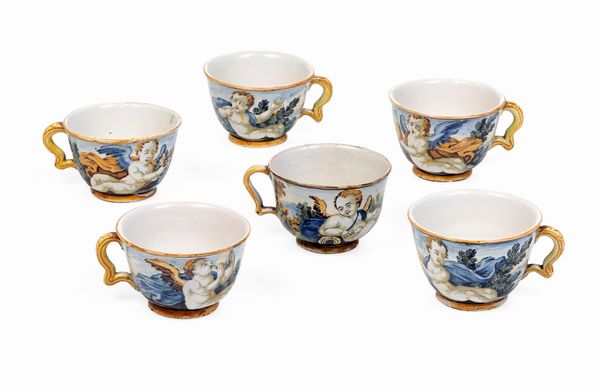 Sei tazze <BR>Castelli,  probabilmente Nicola Cappelletti (1691-1767), XVIII secolo<BR>  - Asta Maioliche e Porcellane - Associazione Nazionale - Case d'Asta italiane