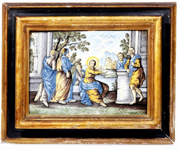 Targa Cristo dialoga con cinque discepoli <BR>Castelli, bottega Gentili, ultimo quarto del XVIII secolo  - Asta Maioliche e Porcellane - Associazione Nazionale - Case d'Asta italiane