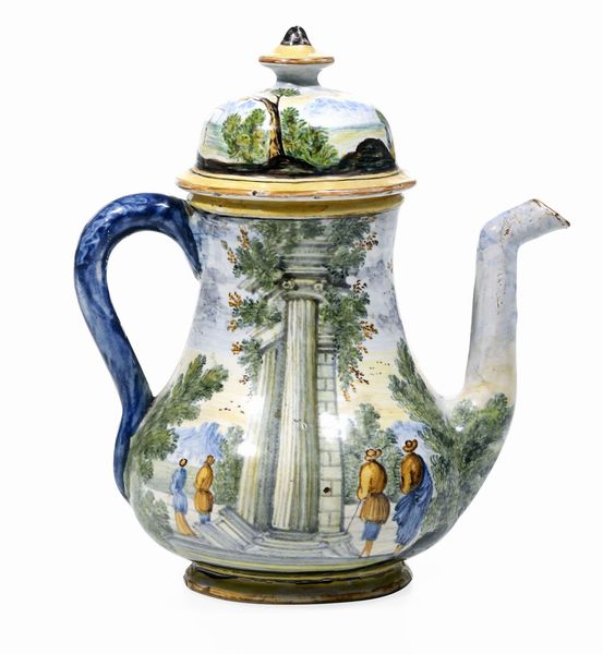 Caffettiera con paesino e rovine <BR>Castelli, fine XVIII o XIX secolo  <BR>  - Asta Maioliche e Porcellane - Associazione Nazionale - Case d'Asta italiane