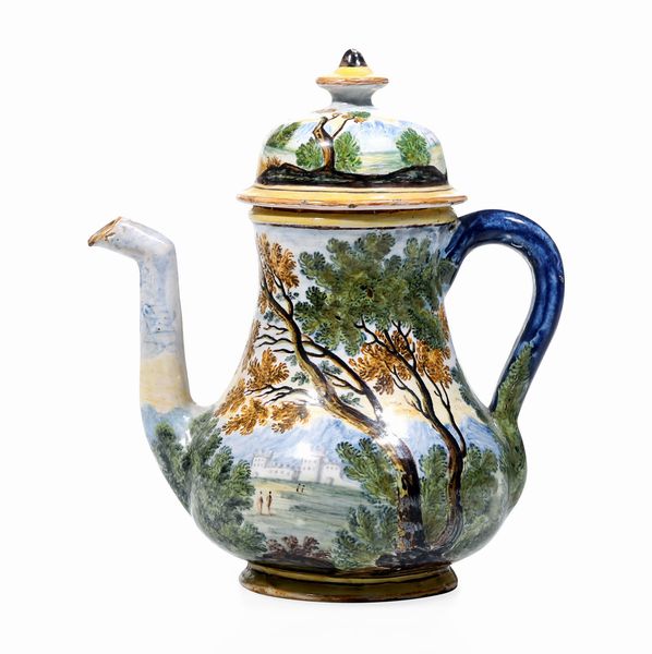 Caffettiera con paesino e rovine <BR>Castelli, fine XVIII o XIX secolo  <BR>  - Asta Maioliche e Porcellane - Associazione Nazionale - Case d'Asta italiane