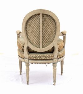 Gruppo di quattro poltrone veneziane laccate, stile Luigi XVI  - Asta  Arredi Antichi, Oggetti d'Arte, Curiosities con una selezione di tappeti - Associazione Nazionale - Case d'Asta italiane