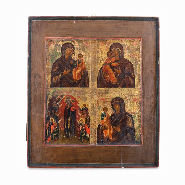Icona quadripartita a tempera su tavola raffigurante la Panagia Odigitria, Panagia Eleusa, La Deipara in soccorso di tutti gli oppressi e Panagia Spiliani. Russia XVIII-XIX secolo  - Asta Argenti e Icone - Associazione Nazionale - Case d'Asta italiane
