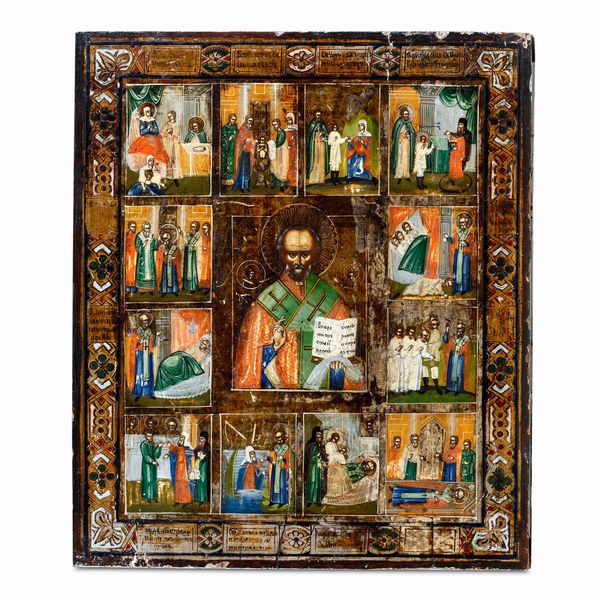 San Nicola di Myrra e scene della vita del vescovo. Icona a tempera su tavola. Scuola russa del XVIII-XIX secolo  - Asta Argenti e Icone - Associazione Nazionale - Case d'Asta italiane