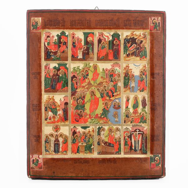 Icona a tempera su tavola raffigurante la Resurrezione di Cristo e scene della santa tradizione cristiana. Russia XVIII-XIX secolo  - Asta Argenti e Icone - Associazione Nazionale - Case d'Asta italiane