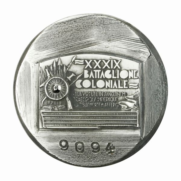 P XXXIX Battaglione Coloniale Tua Virtute In Sanguinem Praecipitas Imperique.................46 x 40 mm  - Asta Conii e Punzoni della Storica Fabbrica di Medaglie Lorioli (1919-1950) - Associazione Nazionale - Case d'Asta italiane