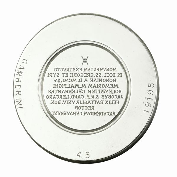 N Monumentum Exstructo In Eccl. Ss. Gregorii Et Syri Bononiae A.D.MXMLV Memoriam M Malpighi Solemniter Celebrantes Jacobus S.R.E.Card. Lercaro Felix Battaglia Univ. Bon. Rector Excudendum Curaverunt mm  - Asta Conii e Punzoni della Storica Fabbrica di Medaglie Lorioli (1919-1950) - Associazione Nazionale - Case d'Asta italiane