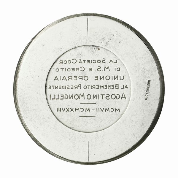 N La Societa Coop Di M.S.E Credito Unione Operaia Al Benemerito Presidente Agostino Mongelli MXMVII-MCMXXVIII 66 x 36 mm  - Asta Conii e Punzoni della Storica Fabbrica di Medaglie Lorioli (1919-1950) - Associazione Nazionale - Case d'Asta italiane
