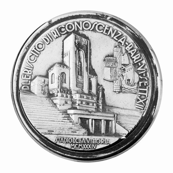 P Plebiscito Di Riconoscenza Bari VI Sett XII Stadio Della Vittoria MCMXXXIV F.Lli Senesi 68 x 38 mm  - Asta Conii e Punzoni della Storica Fabbrica di Medaglie Lorioli (1919-1950) - Associazione Nazionale - Case d'Asta italiane