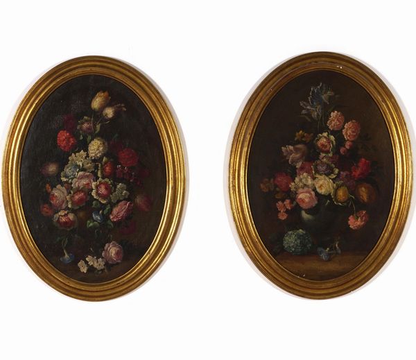 Scuola del XVIII secolo Nature morte con vasi di fiori  - Asta Dipinti Antichi - Associazione Nazionale - Case d'Asta italiane
