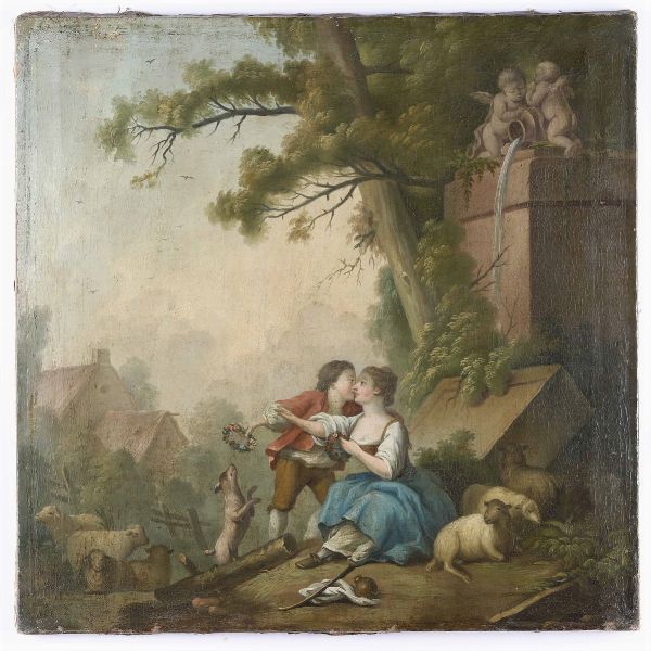 Scuola del XVIII secolo Paesaggio con scena galante  - Asta Dipinti Antichi - Associazione Nazionale - Case d'Asta italiane