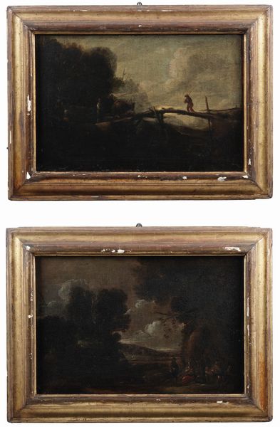 Scuola della seconda met del XVII secolo Paesaggi con figure  - Asta Dipinti Antichi - Associazione Nazionale - Case d'Asta italiane