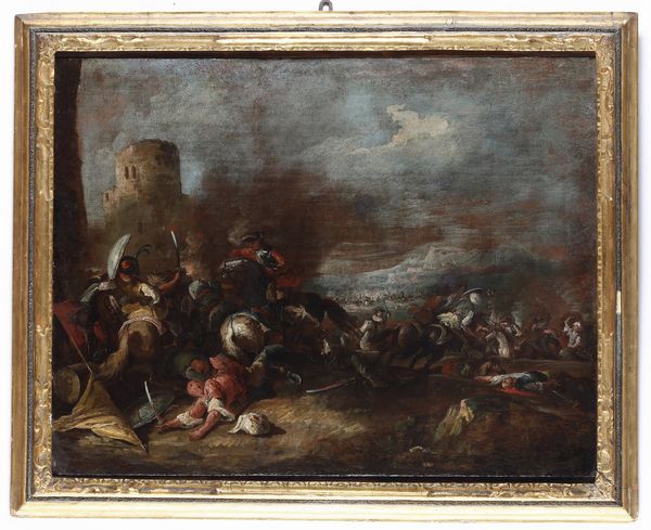 Scuola del XVII secolo Scontro tra cristiani e saraceni  - Asta Dipinti Antichi - Associazione Nazionale - Case d'Asta italiane