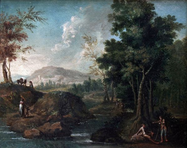 Scuola del XVIII secolo Paesaggio fluviale con figure  - Asta Dipinti Antichi - Associazione Nazionale - Case d'Asta italiane