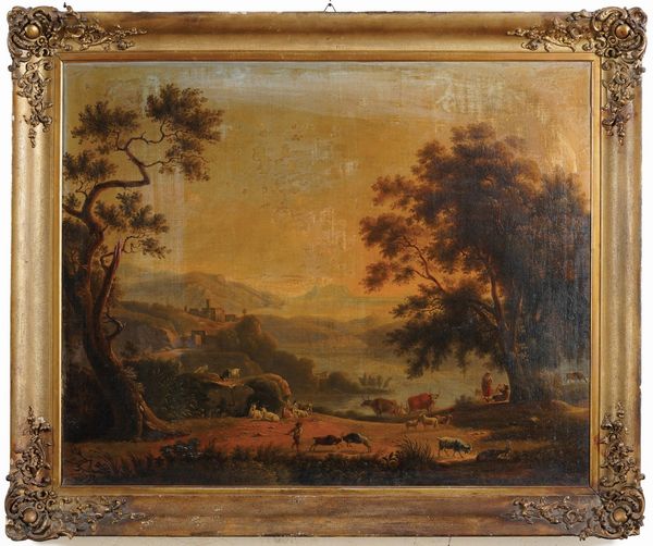 Pittore del XIX secolo Paesaggio con figure e armenti  - Asta Dipinti Antichi - Associazione Nazionale - Case d'Asta italiane