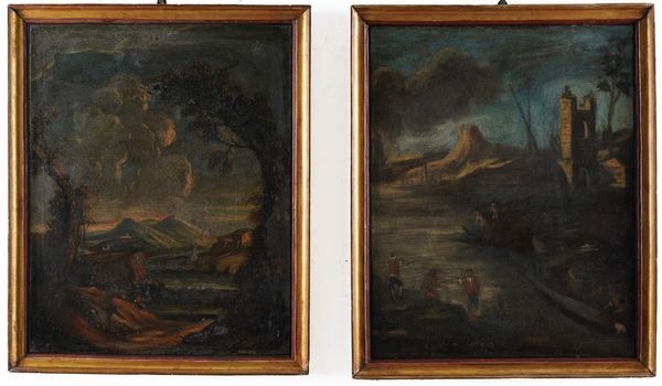 Scuola del XVIII/XIX secolo Paesaggi con figure e architetture  - Asta Dipinti Antichi - Associazione Nazionale - Case d'Asta italiane