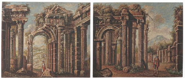 Scuola del XVIII/XIX secolo Capricci con rovine e figure  - Asta Dipinti Antichi - Associazione Nazionale - Case d'Asta italiane