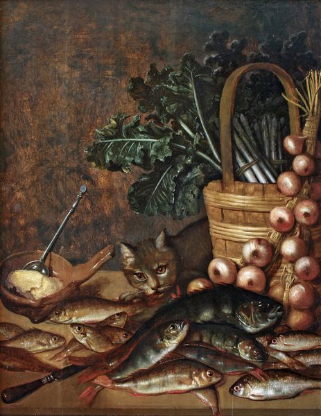 Scuola del XVIII/XIX secolo Natura morta con con gatto, pesci e ortaggi  - Asta Dipinti Antichi - Associazione Nazionale - Case d'Asta italiane