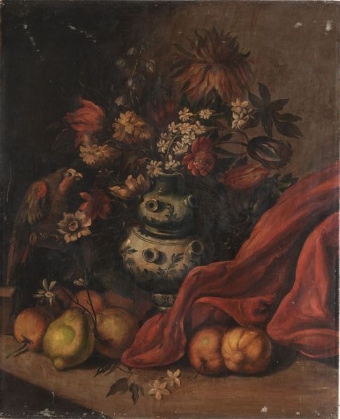 Scuola del XIX secolo Natura morta con vaso fiori, frutta e pappagallino  - Asta Dipinti Antichi - Associazione Nazionale - Case d'Asta italiane
