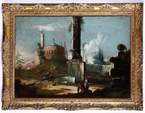 Scuola veneta del XVIII secolo Paesaggio con figure e rovine  - Asta Dipinti Antichi - Associazione Nazionale - Case d'Asta italiane
