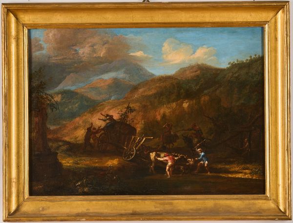 Scuola del XVIII secolo L'assalto alla diligenza<BR>Notturno con incendio  - Asta Dipinti Antichi - Associazione Nazionale - Case d'Asta italiane