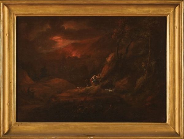 Scuola del XVIII secolo L'assalto alla diligenza<BR>Notturno con incendio  - Asta Dipinti Antichi - Associazione Nazionale - Case d'Asta italiane