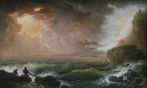 Carlo Bonavia - Veduta costiera con pescatori e mare in tempesta