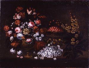 Felice Boselli - Natura morta con fiori e cesto di fragole