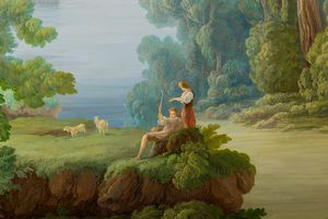 Scuola del XIX secolo Paesaggio fluviale con pastori e uomo a cavallo  - Asta Dipinti Antichi - Associazione Nazionale - Case d'Asta italiane