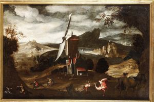 Scuola fiamminga del XVII secolo Paesaggio con mulino e cacciatori  - Asta Dipinti Antichi - Associazione Nazionale - Case d'Asta italiane