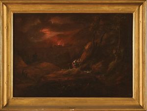 Scuola del XVIII secolo L'assalto alla diligenza<BR>Notturno con incendio  - Asta Dipinti Antichi - Associazione Nazionale - Case d'Asta italiane