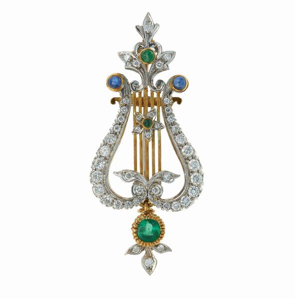 Spilla con diamanti, smeraldi e zaffiri  - Asta Gioielli - Associazione Nazionale - Case d'Asta italiane