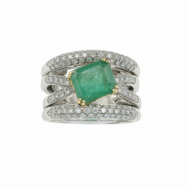 Anello a fascia con smeraldo e diamanti  - Asta Gioielli - Associazione Nazionale - Case d'Asta italiane