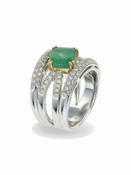 Anello a fascia con smeraldo e diamanti  - Asta Gioielli - Associazione Nazionale - Case d'Asta italiane