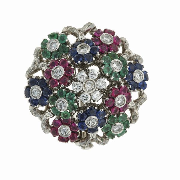 Spilla en tremblant con diamanti, zaffiri, smeraldi e rubini  - Asta Gioielli - Associazione Nazionale - Case d'Asta italiane