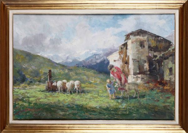 Giuseppe Solenghi : Giuseppe Solenghi (1879-1944) Pecore allabbeveratoio  - Asta Dipinti del XIX-XX Secolo - Associazione Nazionale - Case d'Asta italiane