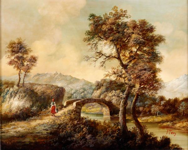 Artista del XIX secolo Paesaggio con viandante sul ponte.  - Asta Dipinti del XIX-XX Secolo - Associazione Nazionale - Case d'Asta italiane