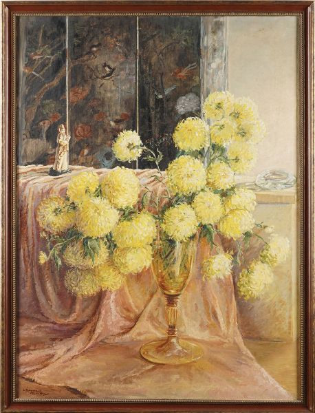 Linda Raynaut Rivetta Natura morta con anemoni e statua cinese  - Asta Dipinti del XIX-XX Secolo - Associazione Nazionale - Case d'Asta italiane