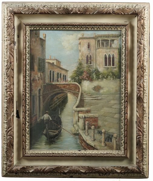 Pittore del XX secolo Canale veneziano con gondola  - Asta Dipinti del XIX-XX Secolo - Associazione Nazionale - Case d'Asta italiane