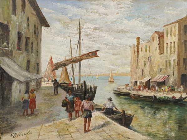 Giuseppe Maldarelli : Paesaggio portuale  - Asta Dipinti del XIX-XX Secolo - Associazione Nazionale - Case d'Asta italiane