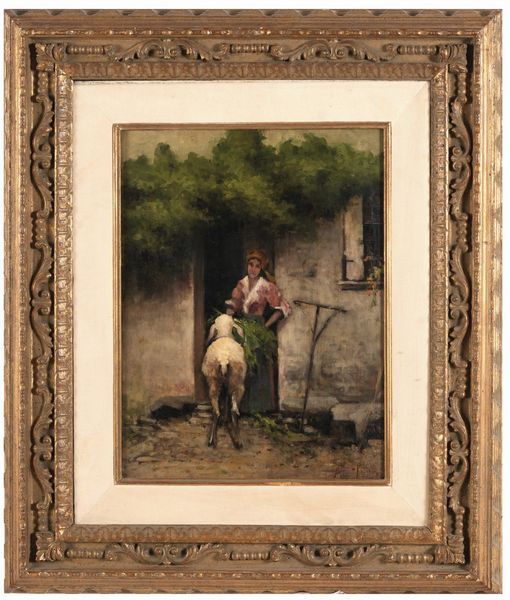 Anonimo del XIX-XX secolo Pastorella sulla soglia di casa  - Asta Dipinti del XIX-XX Secolo - Associazione Nazionale - Case d'Asta italiane