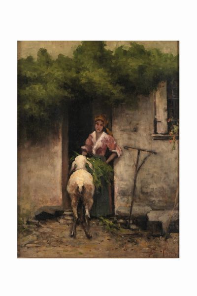 Anonimo del XIX-XX secolo Pastorella sulla soglia di casa  - Asta Dipinti del XIX-XX Secolo - Associazione Nazionale - Case d'Asta italiane