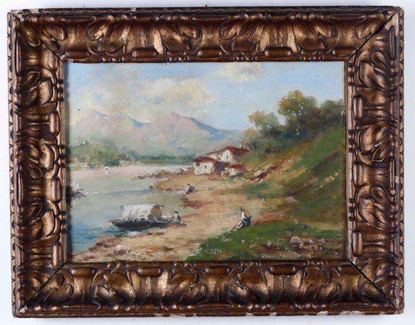 Silvio Poma : Due vedute di paese con lago e case  - Asta Dipinti del XIX-XX Secolo - Associazione Nazionale - Case d'Asta italiane