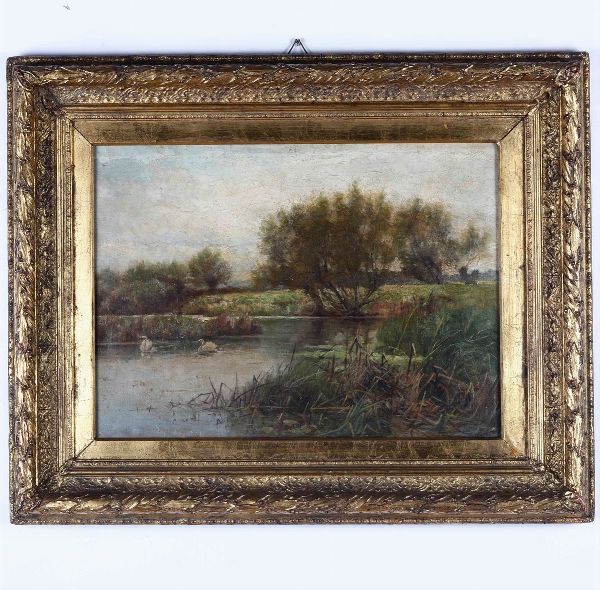 Scuola Inglese del XIX secolo A weedy corner on the Avon (Angolo erboso sullAvon con cigni)  - Asta Dipinti del XIX-XX Secolo - Associazione Nazionale - Case d'Asta italiane