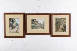 Mario Selani Sandri - Tre acquarelli con paesaggi di campagna