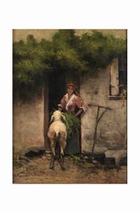 Anonimo del XIX-XX secolo Pastorella sulla soglia di casa  - Asta Dipinti del XIX-XX Secolo - Associazione Nazionale - Case d'Asta italiane