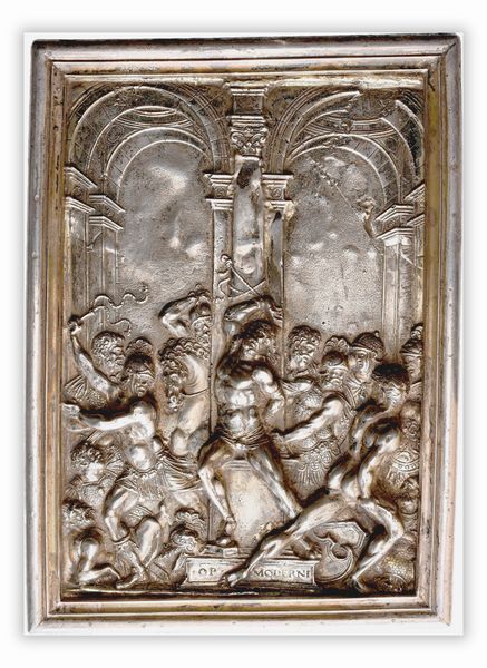 Galeazzo Mondella detto il Moderno : Flagellazione di Cristo  - Asta Placchette, Medaglie, Sculture e Ceramiche dal XIV al XIX secolo - Associazione Nazionale - Case d'Asta italiane